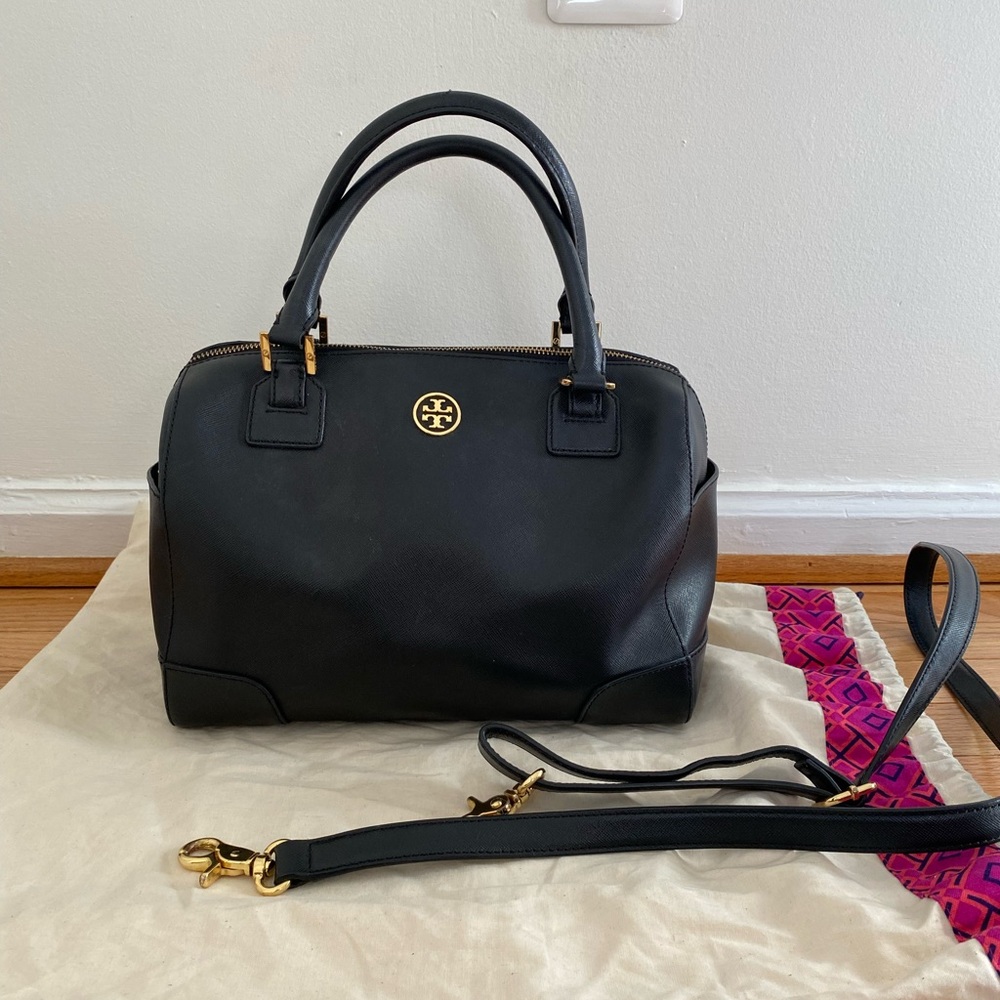 TORY BURCH Black Robinson Leather Middy Satchel